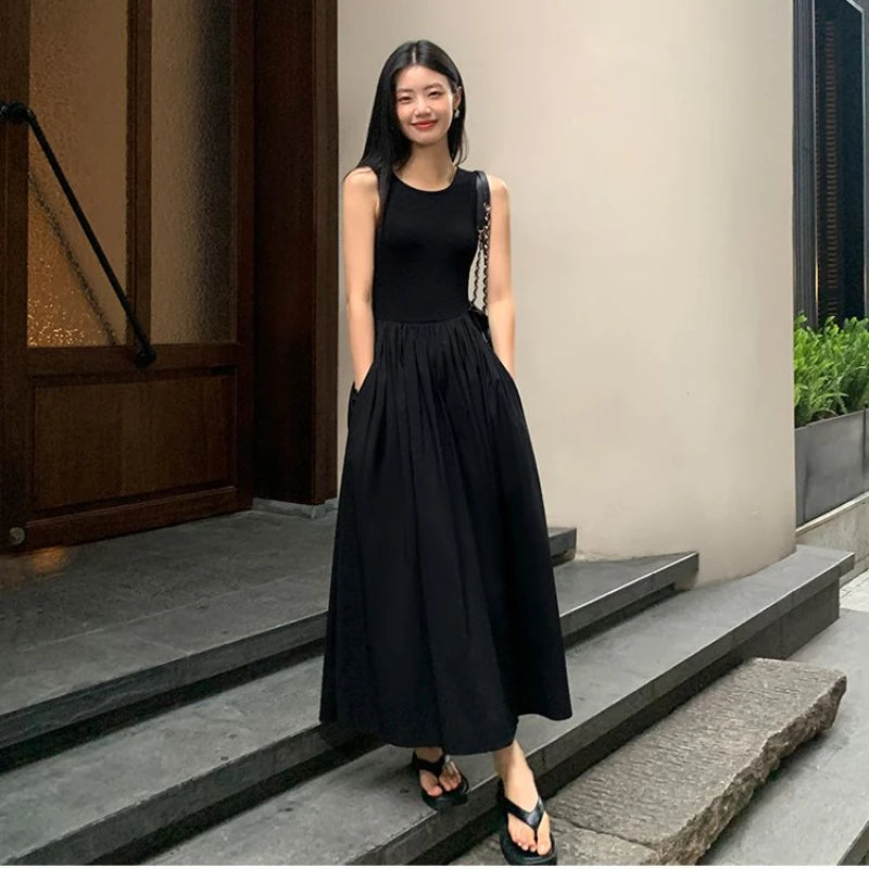 New Vintage Holiday Style Black Midi Dress Dresses for Women Clothing O Neck Office Lady Casual Pockets Women's Clothing