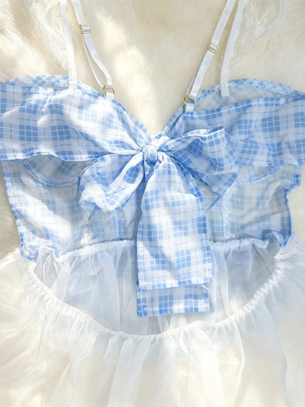 Women's Sexy Sweet Blue Plaid Maid Lace Trim Mini Dress with Headband for Role Play Lingerie Nightwear Party