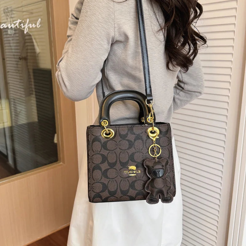 Luxury Women Bag 2026 New Vintage Classic Monogram Handbag Fashion Designer Ladies Tote Crossbody Bag with Bear Charm