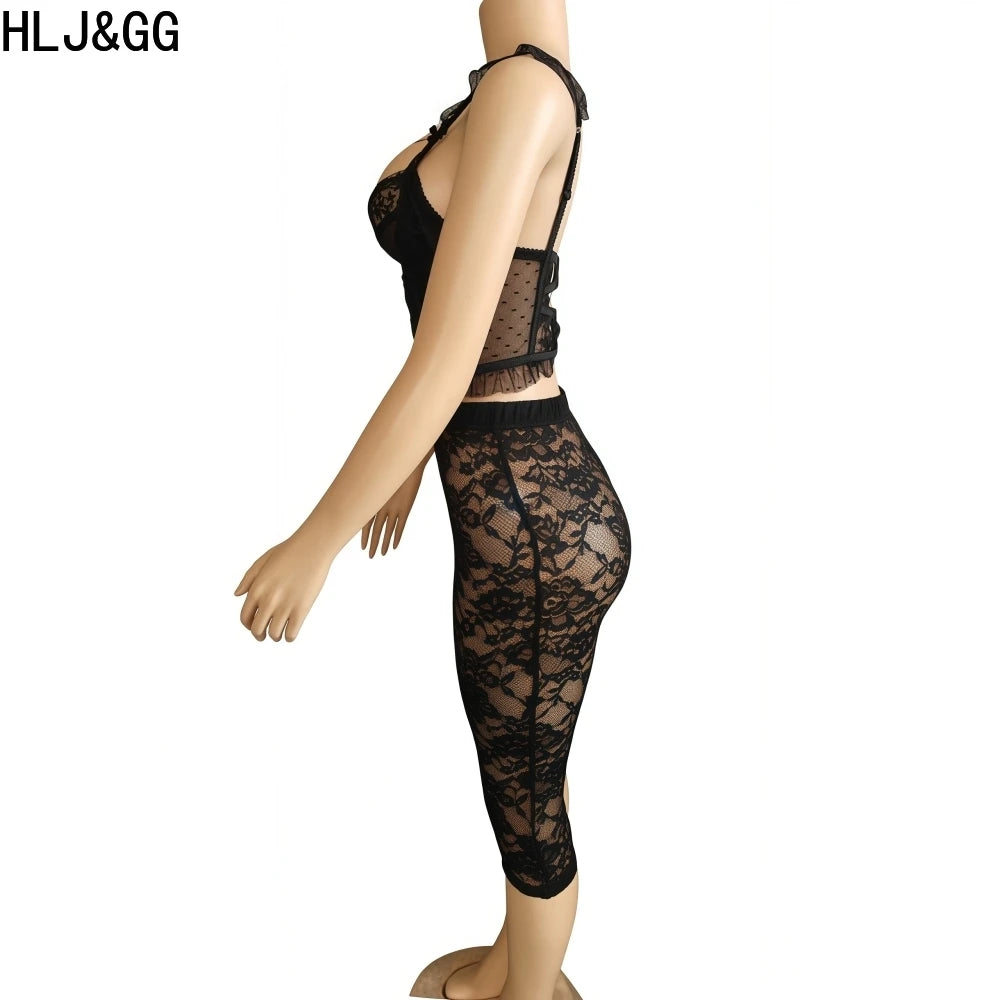 HLJ&GG Sexy Lace See Through 2 Pieces Set for Woman Spaghetti Strap Crop Top + Leggings Pants Suit Female Y2k Streetwear New