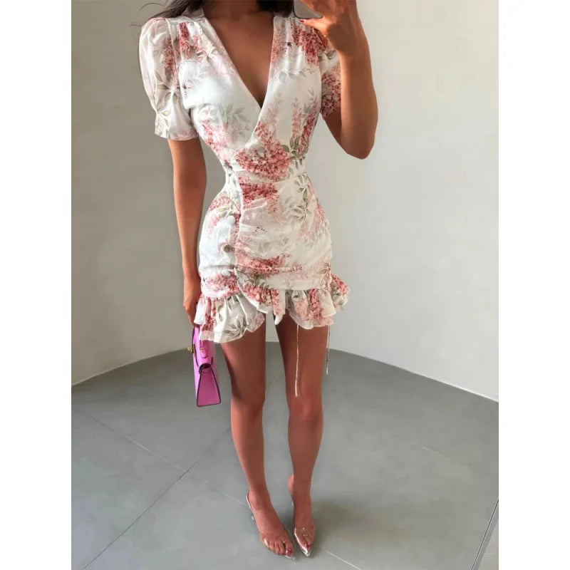 Women Sexy Flora Painted Ruffle Slim Dress Chic Deep V-neck Double Layered Ruffled Hem Dresses Lady New Daily Party Gowns