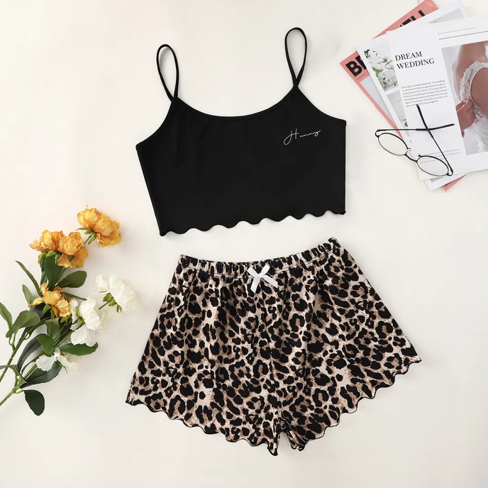 Sexy Summer Women Pajamas Set Honey Printed Camisole Leopard Shorts Sleepwear Casual Homewear Soft Comfortable Nightsuit