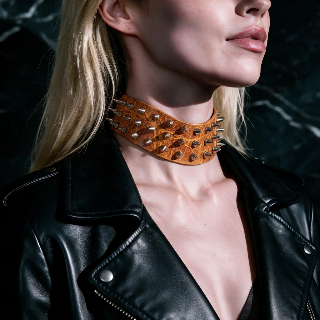 Spiked BDSM Collar', 38mm Leather Choker, Chrome Spikes, Adjuster