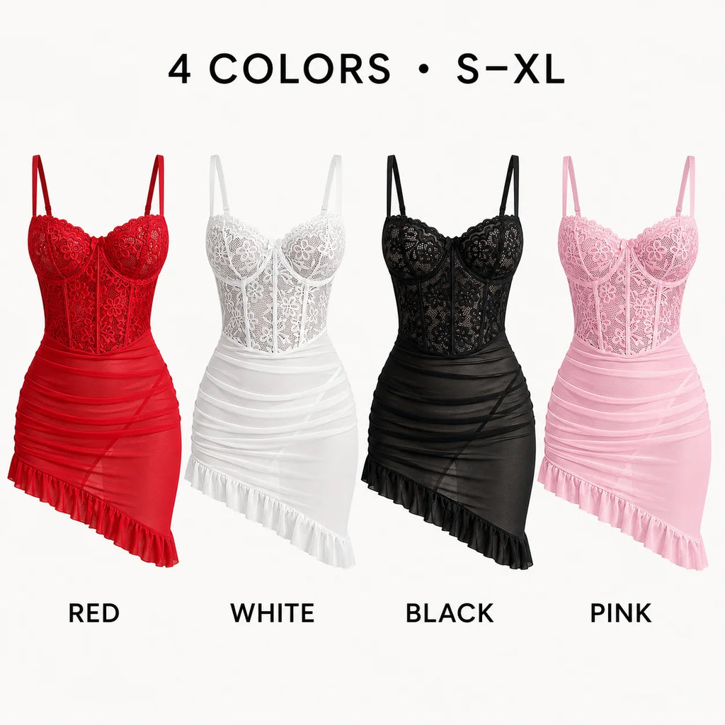 Women's Transparent Lace Lingerie Nightdress with Matching Panties, Ruched Ruffle Hem Babydoll Sleepwear, Four Colors S-XL