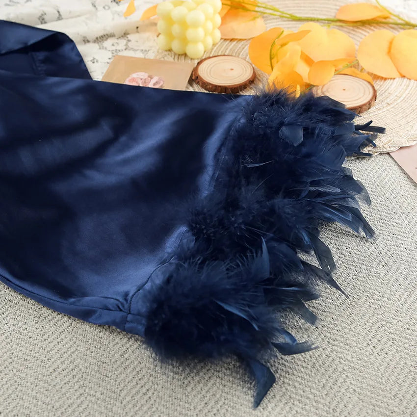 Flare Sleeves Feather Dress Robes With Feathers White Wedding Sexy Robes Women Dresses Satin Bathrobe Female Sleepwear Fashion