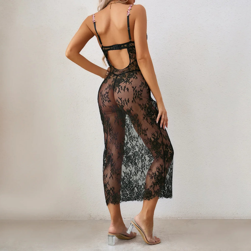 Sexy See-through Lace Dress Women Sleepwear Plunging Back Nightgown Long Dress Set Summer Evening Pajamas Backless Sling Dresses