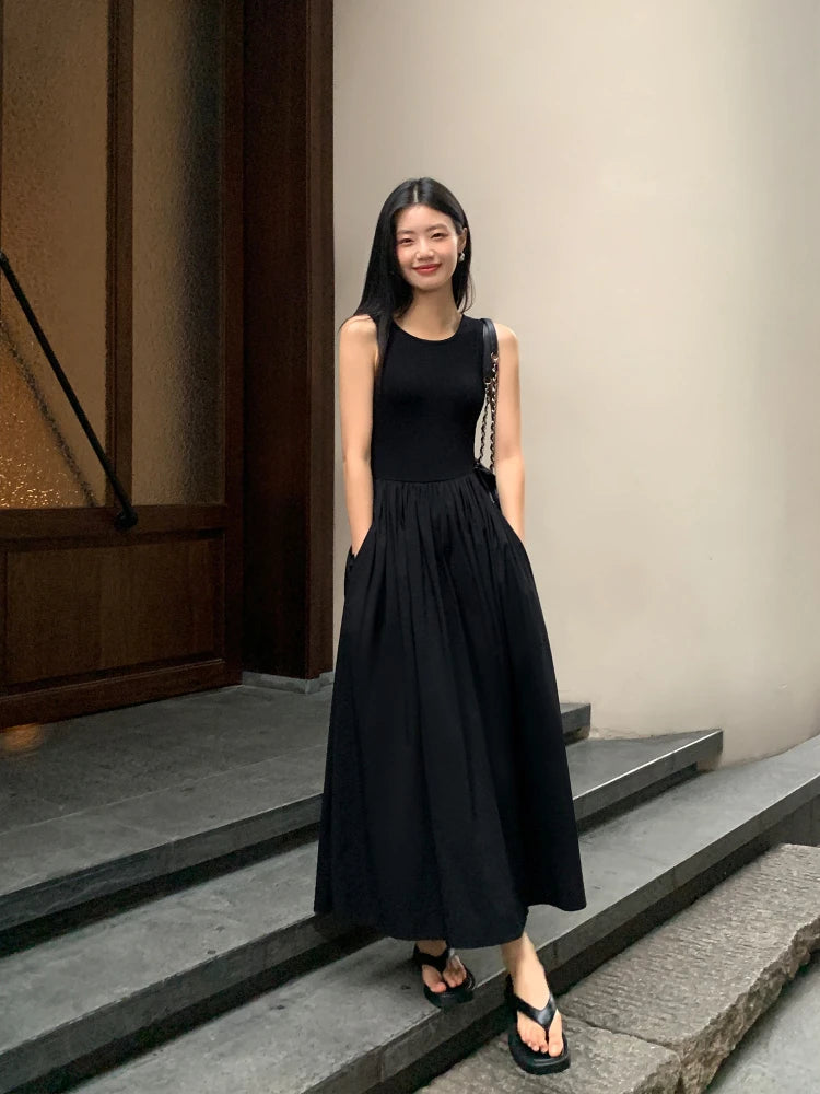 New Vintage Holiday Style Black Midi Dress Dresses for Women Clothing O Neck Office Lady Casual Pockets Women's Clothing