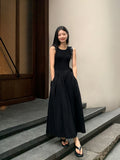 New Vintage Holiday Style Black Midi Dress Dresses for Women Clothing O Neck Office Lady Casual Pockets Women's Clothing