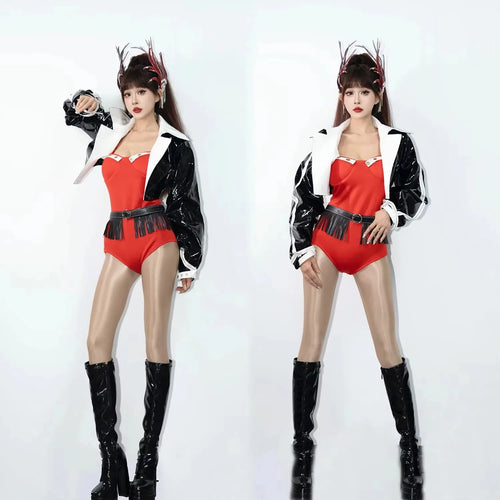 Adult Red Laser Skirt Jazz Dance Costume Korean Girl Group Performance Outfit Sexy Stage Wear for Electronic Music Festival