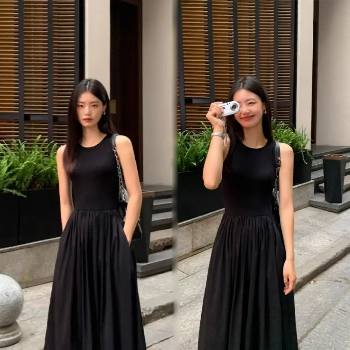 New Vintage Holiday Style Black Midi Dress Dresses for Women Clothing O Neck Office Lady Casual Pockets Women's Clothing