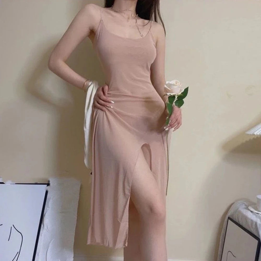 Womens See Through Sleeveless High Slit Bodycon Sleepwear Party Club Sexy Dresses Lingerie Nightgown Sleepwear