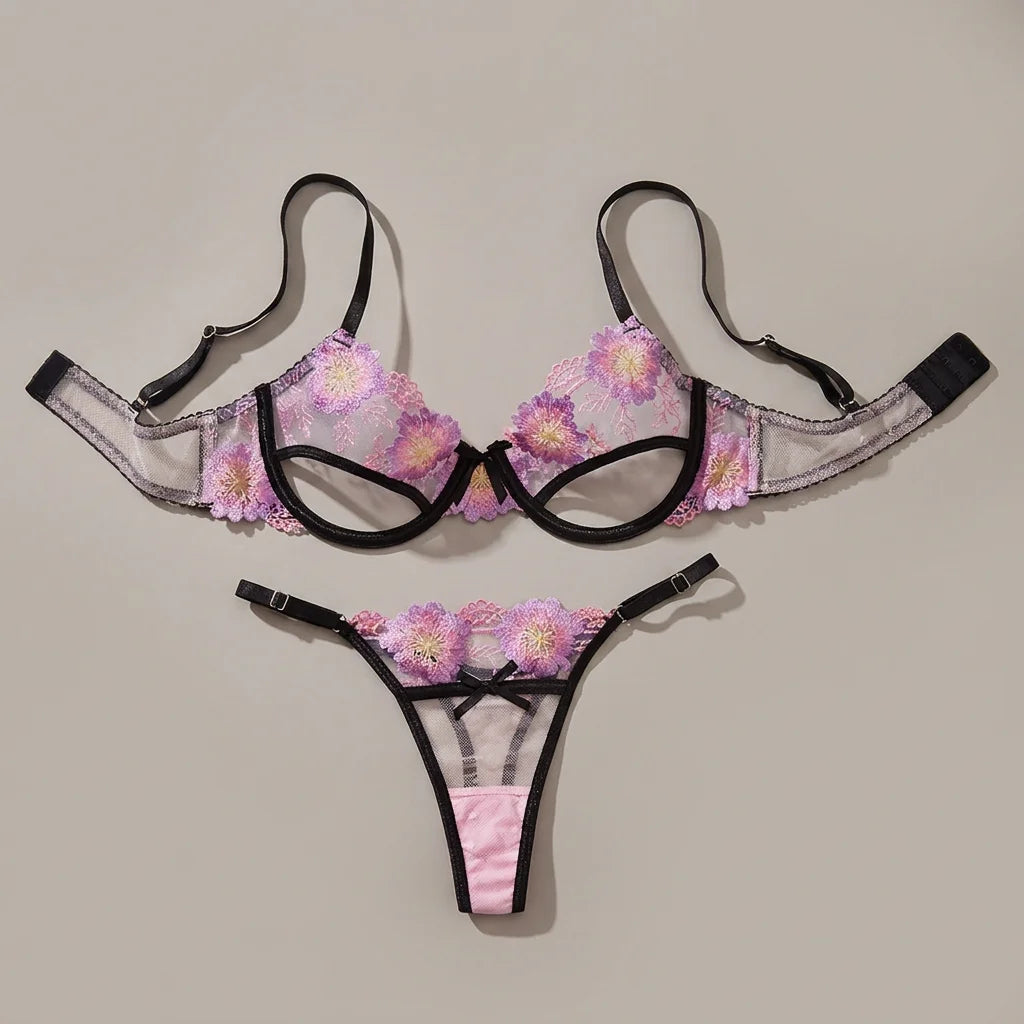 Women Romantic Purple Floral Embroidery Lingerie Set Cutout Sheer Mesh Underwire Bra T‑back Panties Cute Coquette Intimate