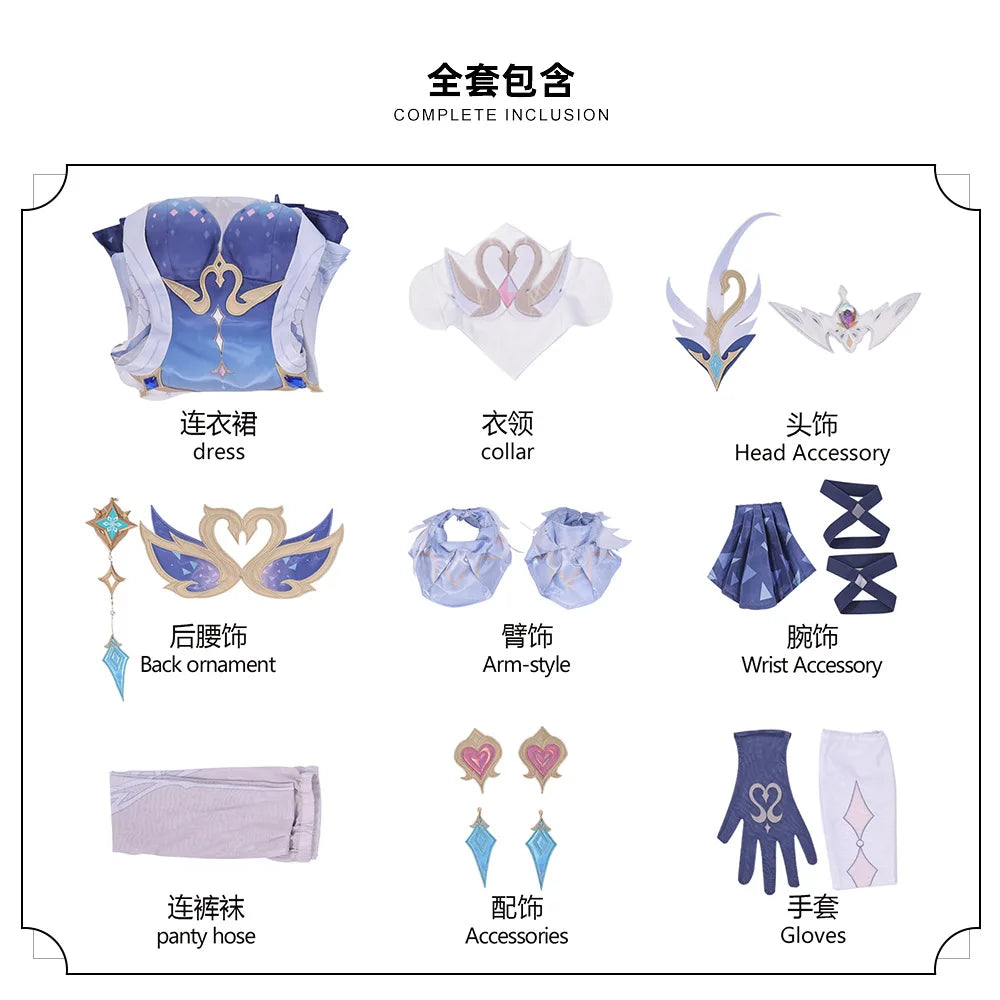 Genshin Impact Odette Cosplay Costume Women Sexy Play Outfit Dress Elegant Halloween Party Prop Wig