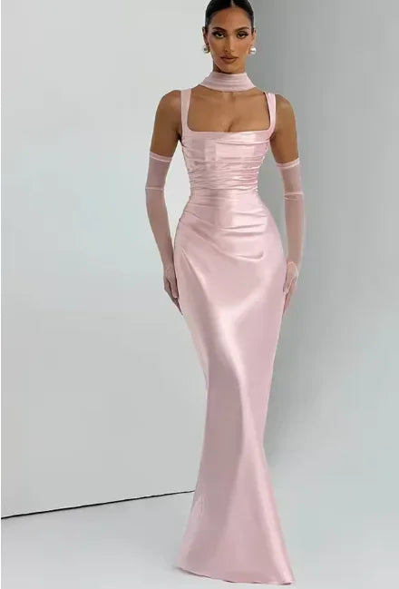 Elegant Scarf Collar Sling Women Summer Dress Solid Sleeveless Off-shoulder Slim Maxi Dresses 2026 Lady Chic Evening Party Gown