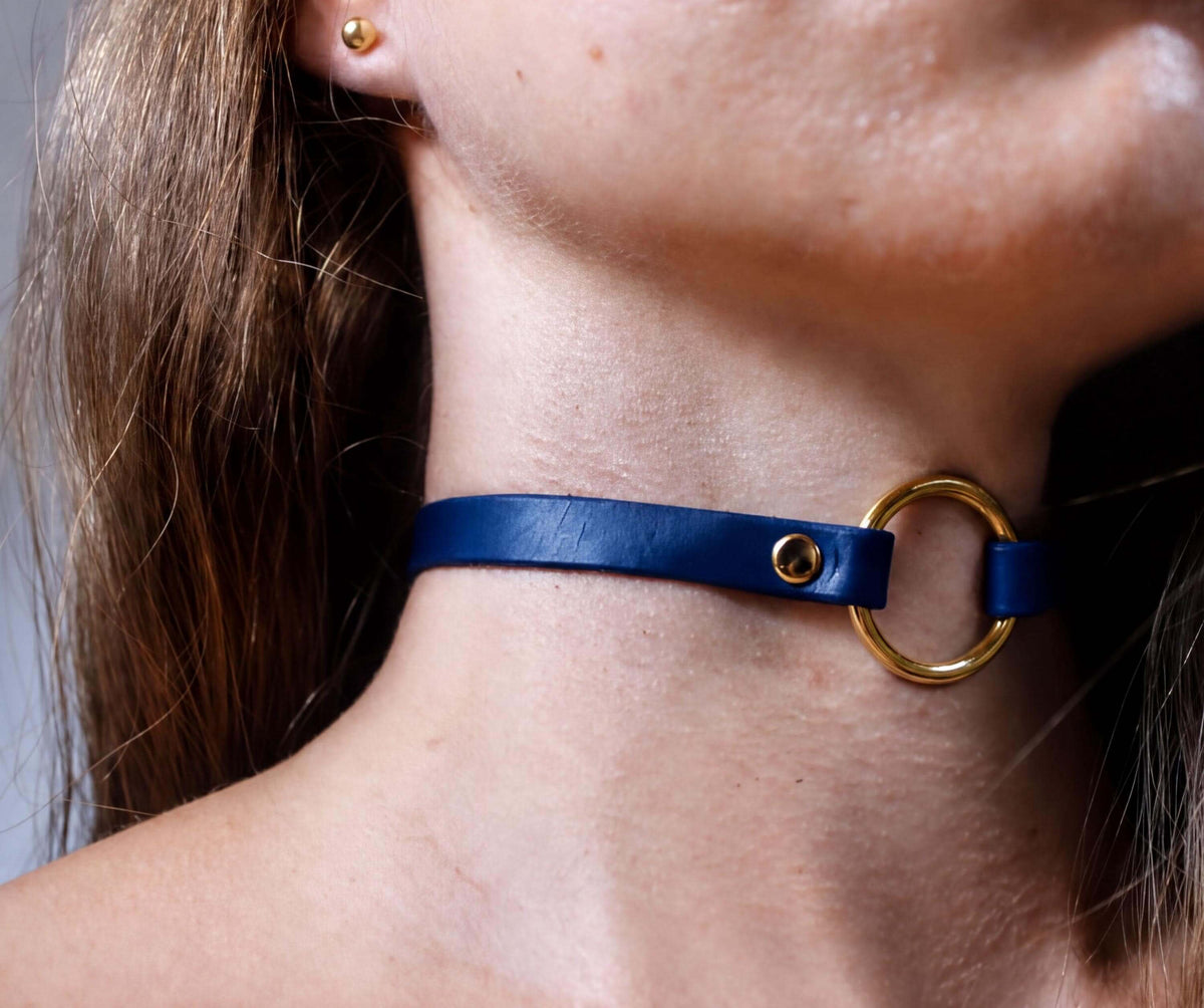 Blue Leather O Ring Choker – Day Collar BDSM Collar Gothic Choker