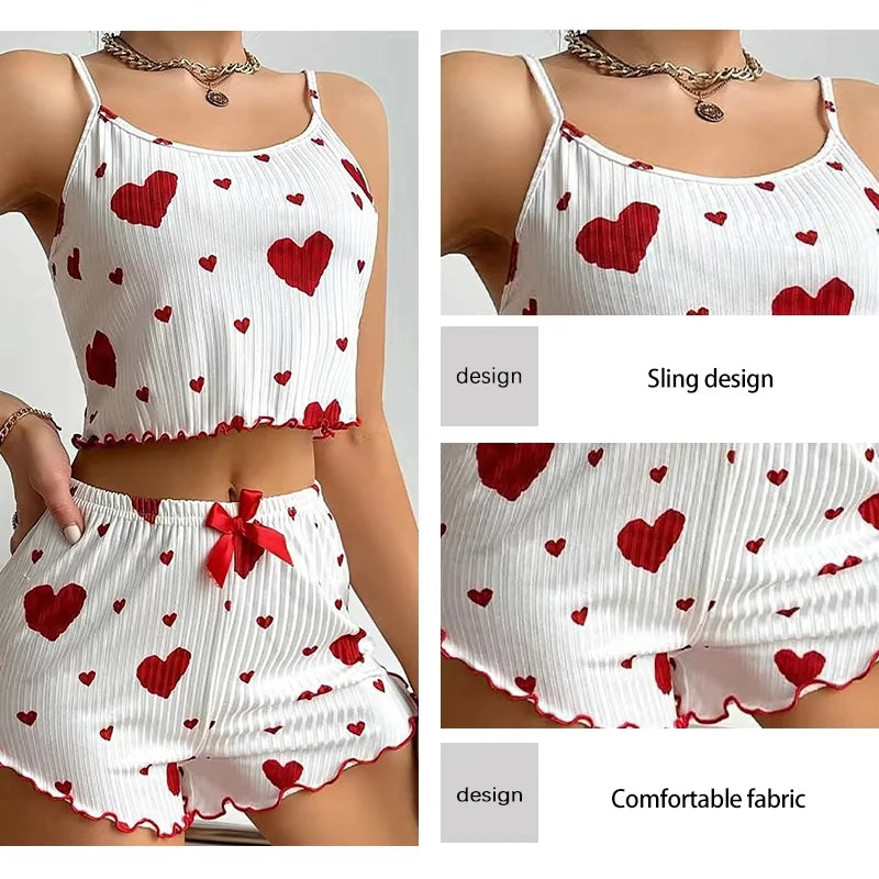 Women's Pajamas Set Sleepwear 2 PCS Short Tank Tops and Shorts S M L White Ventilate Soft Casual Heart Printing