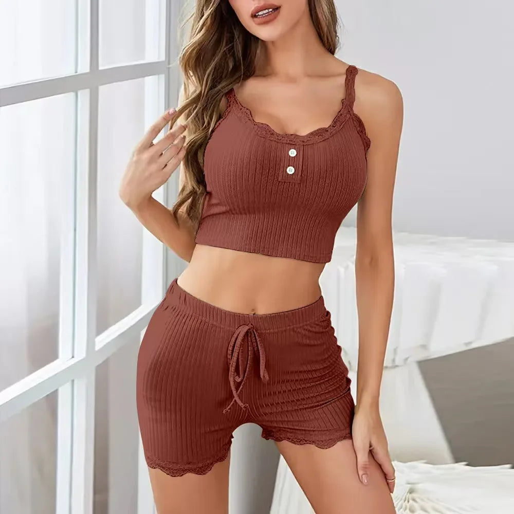 Sexy Lace Camisole Pajama Set Women Sleeveless Tank Top Shorts Casual Loungewear Summer Sleepwear Breathable Home Clothes