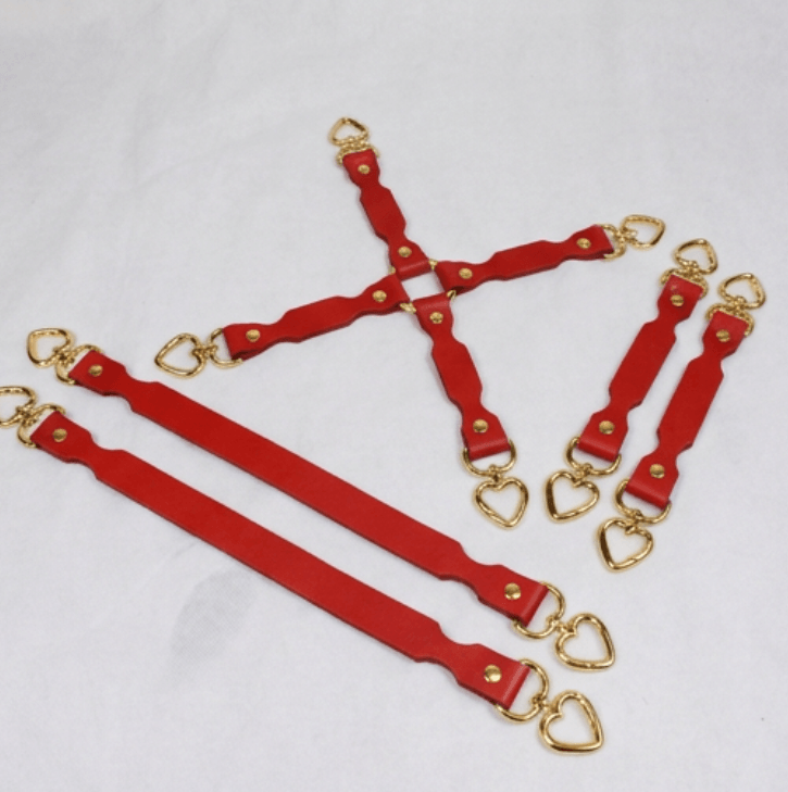 BDSM Restraint Connector Set Red Leather with Heart Rings