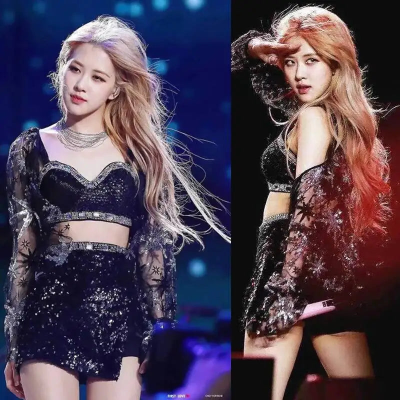 Women Kpop ROSE Group Stage Dance Shiny Sling Tops Jazz Dancewear Performance Costume Sequins Skirt Sexy Festival Outfits
