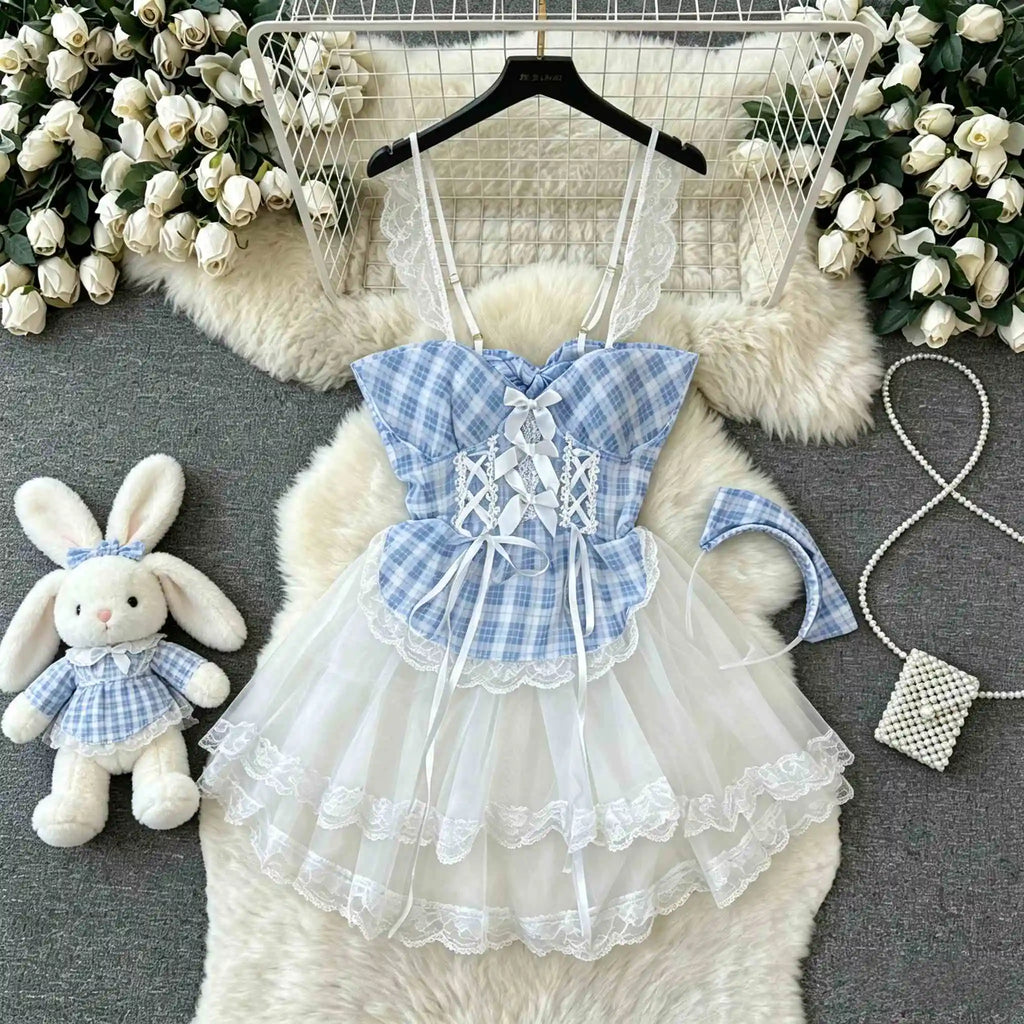 Women's Sexy Sweet Blue Plaid Maid Lace Trim Mini Dress with Headband for Role Play Lingerie Nightwear Party