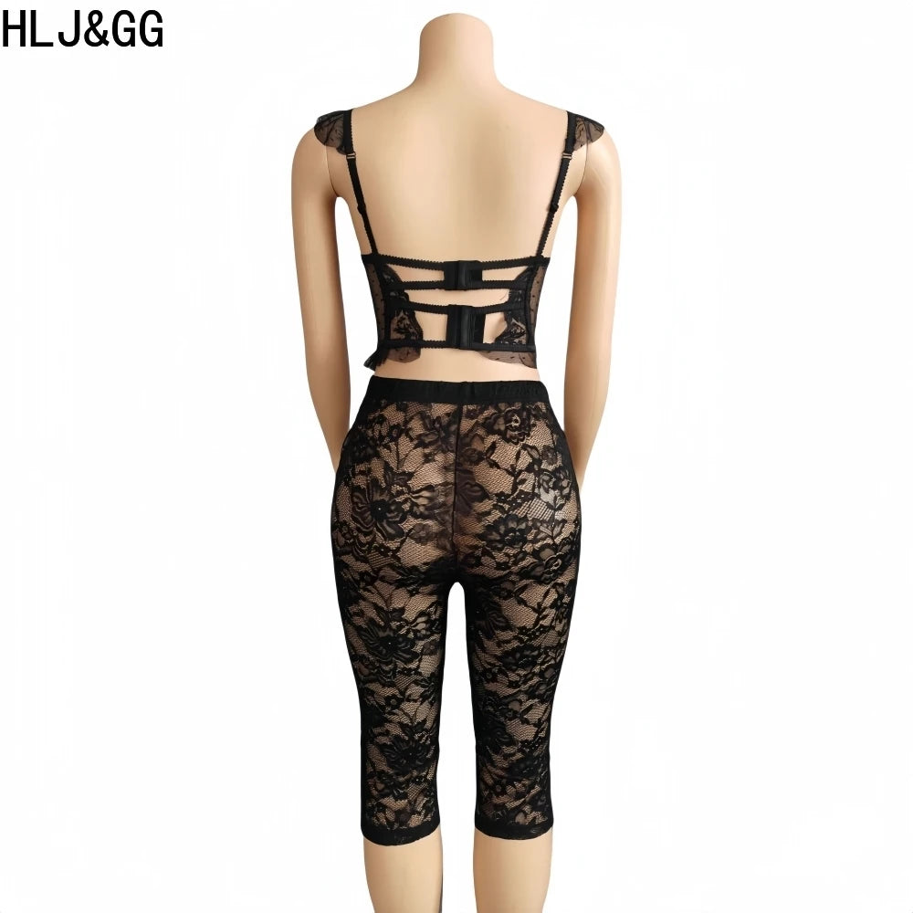 HLJ&GG Sexy Lace See Through 2 Pieces Set for Woman Spaghetti Strap Crop Top + Leggings Pants Suit Female Y2k Streetwear New