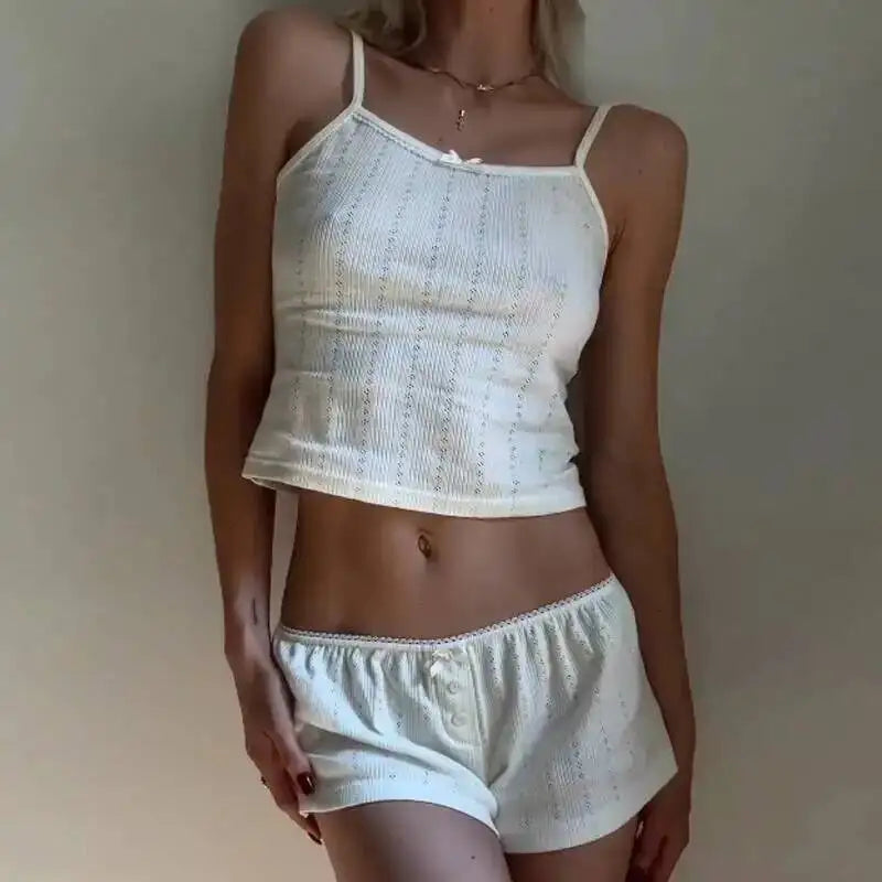 Comfy 2 Piece Pajama Set Retro Kawaii Bow Sleeveless Camis Crop Tops + Shorts Y2K Women Sleepwear Casual Women Shorts Set