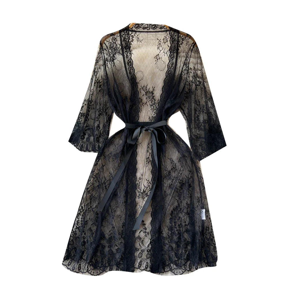 Sexy Lace Nightgown Long Thin Mesh Sleepwear Deep V Neck Shoulder Open Cardigan Trendy Spring Summer Pure Desire Hot Girl