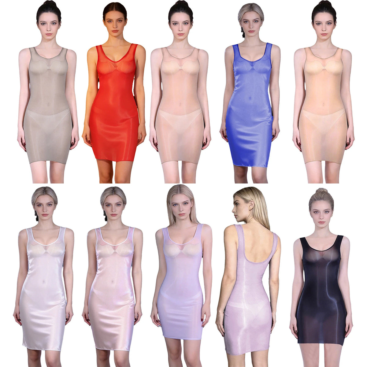 Womens Glossy Sheer Bodycon Dress Sleeveless Scoop Neck Stretchy Mini Dress Sleepwear Tank Nightdress Sexy Lingerie Nightwear