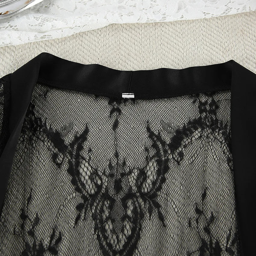 Lace Sexy Sleepwear Women Long Sleeve Hollow Out Solid Ladies Pijama 3 Pcs with Pant Spring Summer Thin Pjamas Suit for Female