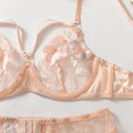 Ellolace Elegant Women's Lingerie Sets Premium Bra Belt Thong 3PC Stockings Cute Lace Floral Embroidered Champagne Romance Kit