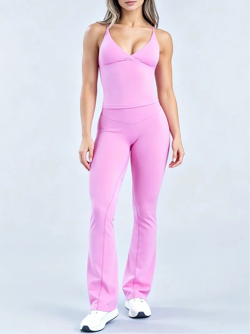 HISTELLO 2Pcs Vision Flares Leggings Set Women Sexy Workout Top Seamles Flare Pants Gym Fitness Activewear Backless Yoga Outfit