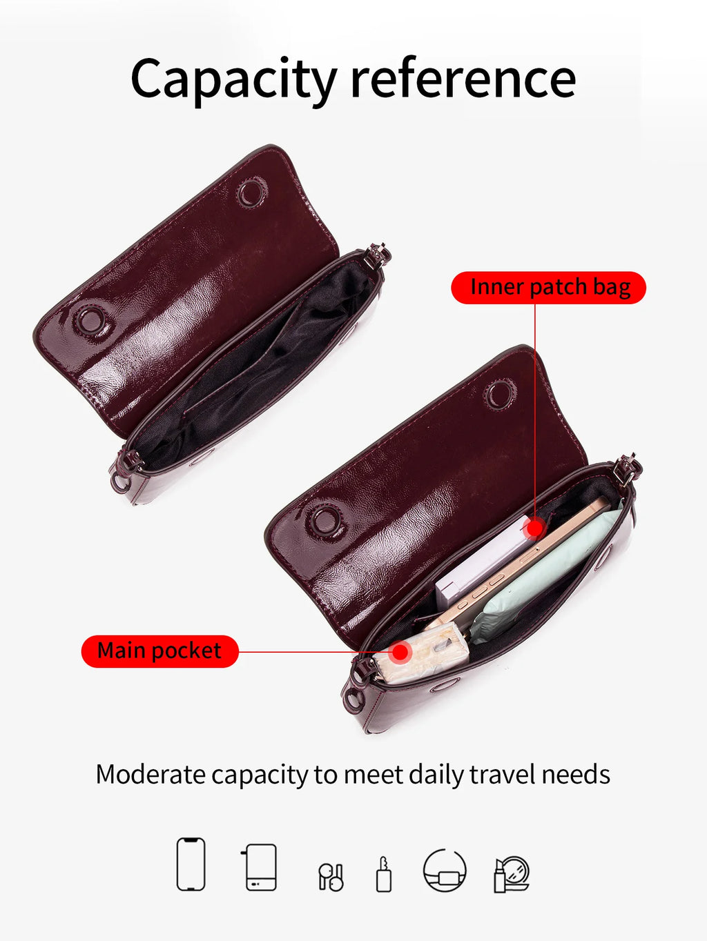 Fashion Ladies Shiny Crossbody Bag Stylish Elegant Shoulder Bag Wine Red Small Underarm Bag Versatile Solid Color Clutch Bag