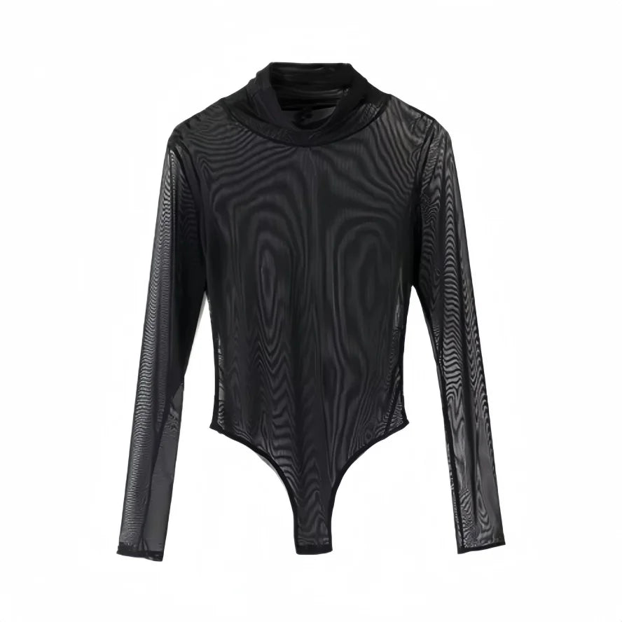 FREEAUCE NEW Long Sleeve One-pieces Sheer Black Mesh Bodysuits Tops T Shirts for Woman Plus Size Sexy Body Suit Lingerie S-XXXL