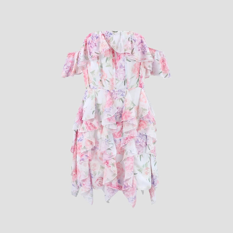Chic Floral Printed Mini Dress Backless Sleeveless Hem Stacking Dresses Sweet A Line Vestidos 2025 New Lady Party Club Clothing
