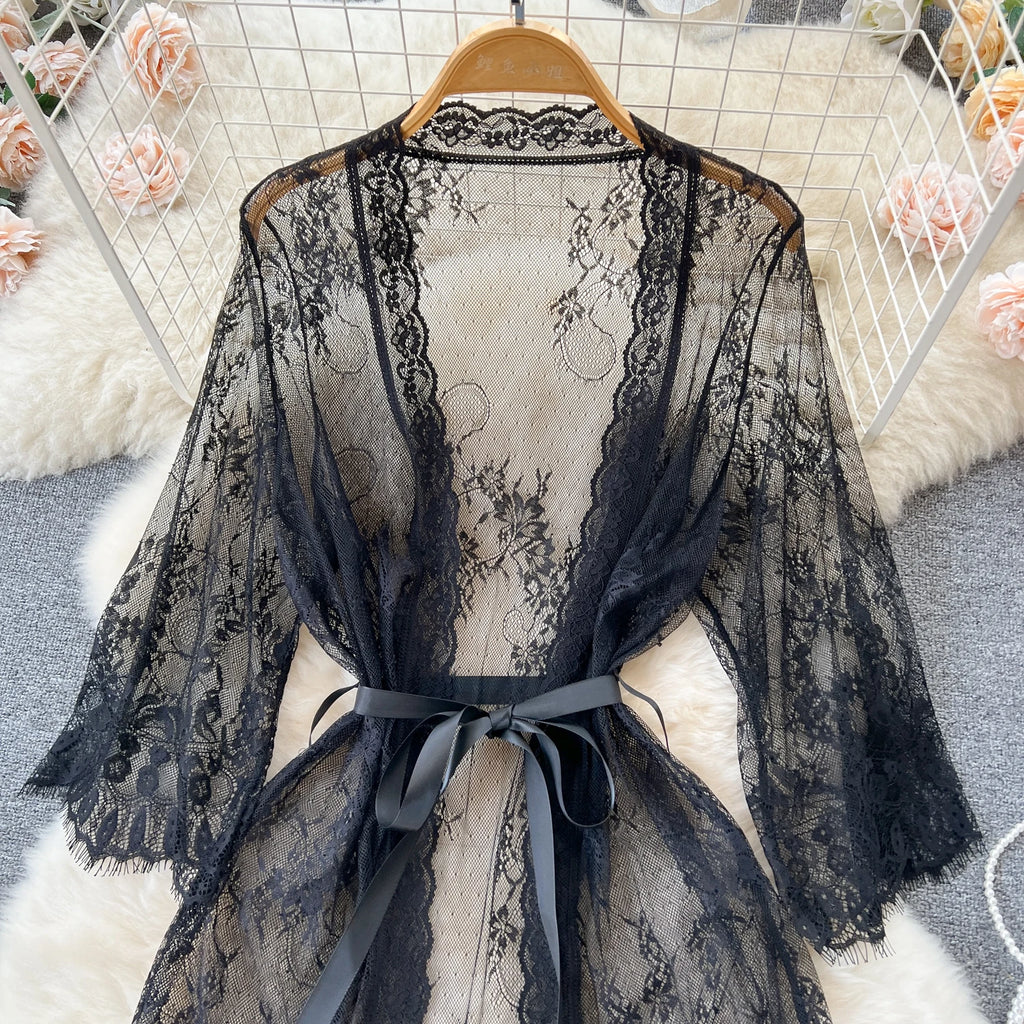 Sexy Lace Nightgown Long Thin Mesh Sleepwear Deep V Neck Shoulder Open Cardigan Trendy Spring Summer Pure Desire Hot Girl