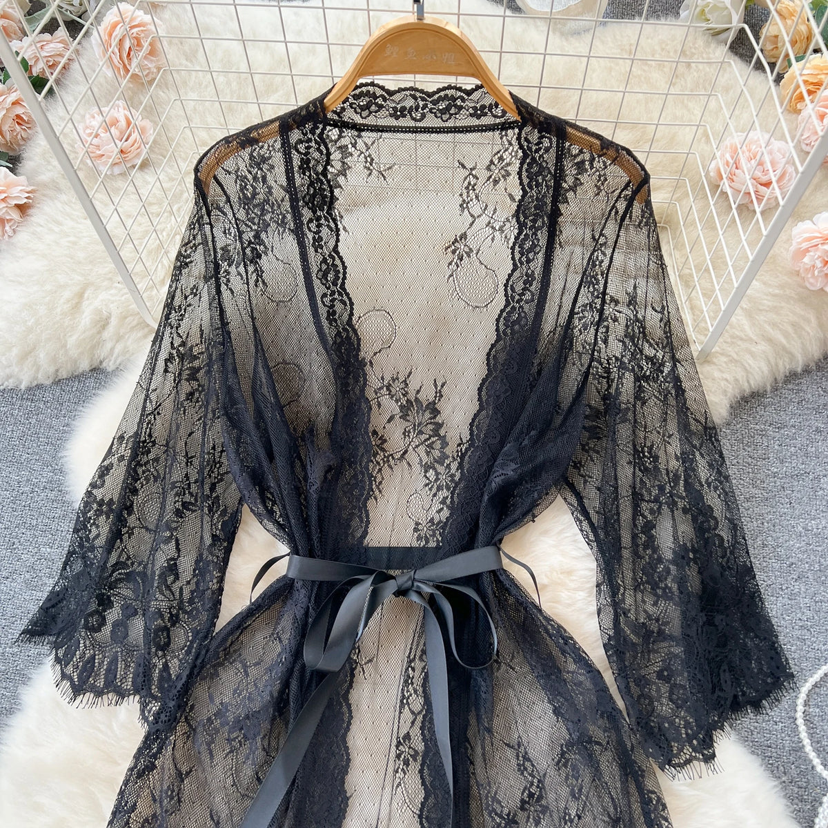 Sexy Lace Nightgown Long Thin Mesh Sleepwear Deep V Neck Shoulder Open Cardigan Trendy Spring Summer Pure Desire Hot Girl