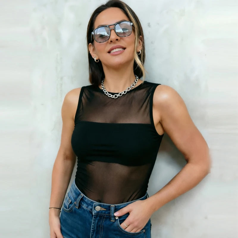 HXAO Woman Tulle Black Bodysuit Summer Sleeveless Sheer Body Y2K Sexy Hot Corset Mesh Bodysuit Lingerie Party Club Night Out