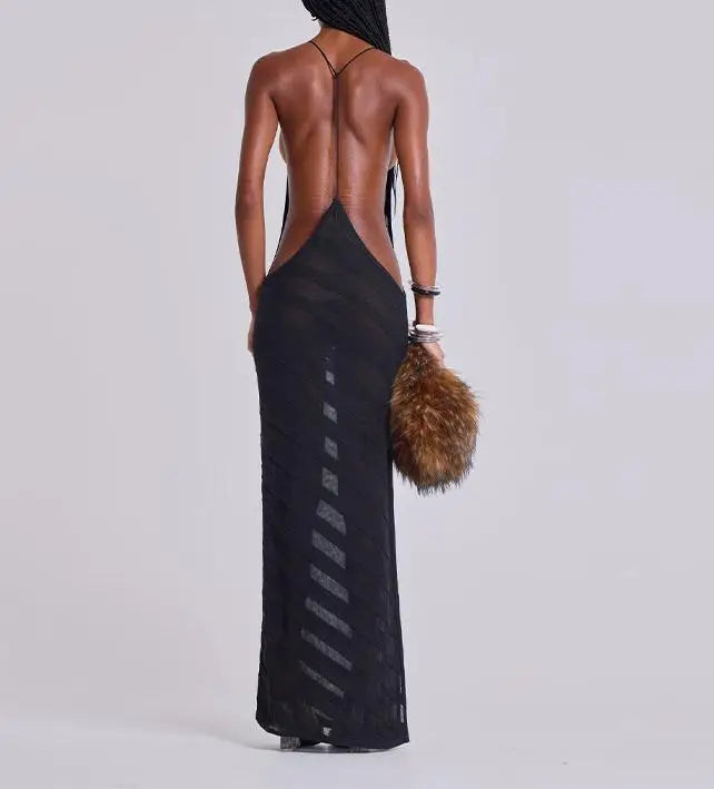 New Fashion Womens Sheer Nightdress Backless Spaghetti Strap See Through Stripe Long Dress Sleepwear Lingerie S M L