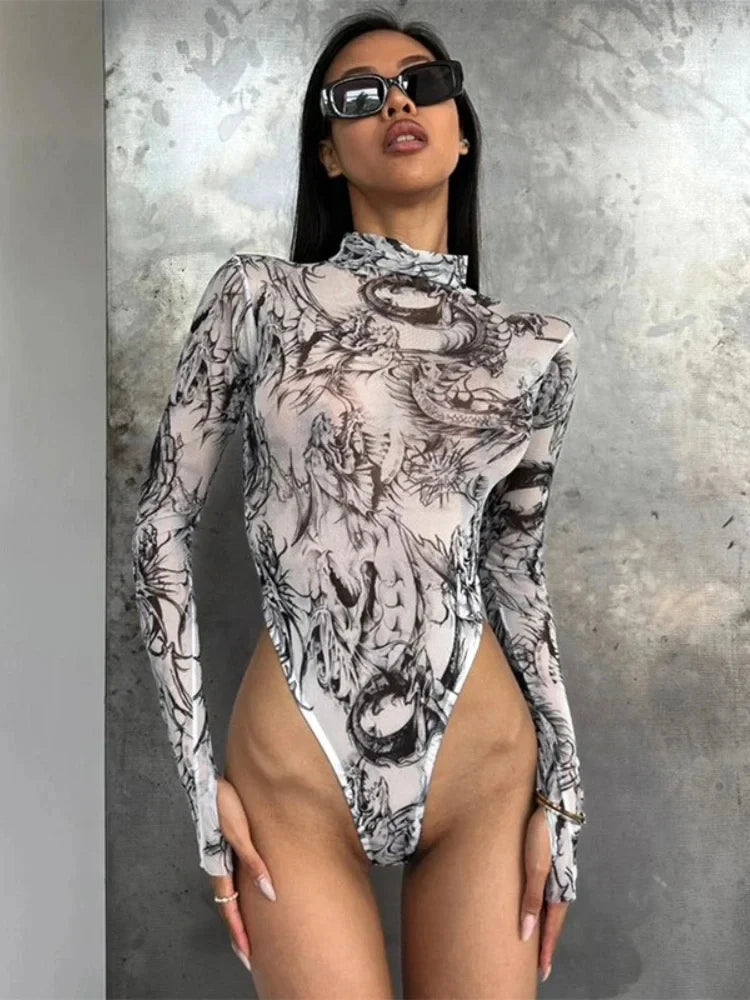 See Through Mesh Bodysuit Long Sleeve Lingerie Sexy Body Feminino Sexy Tops Women Rave Outfit Slim One-pieces Lenceria Femenina