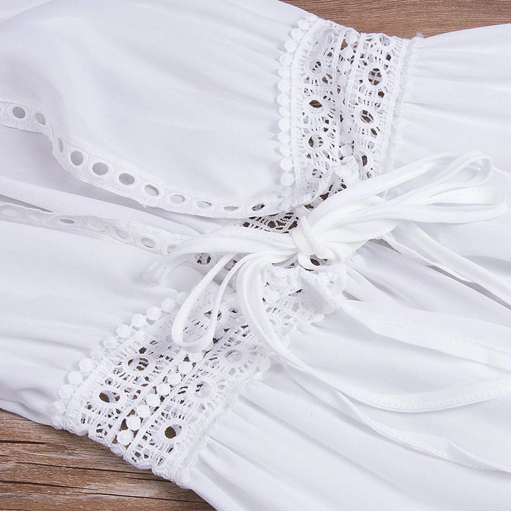 Women's Summer Dress Lady Lace Boho Beach Swimsuit Bikini Cover Up Lace-Up Long Blouse Hollow Out Sun Protection Cardigan Shawl