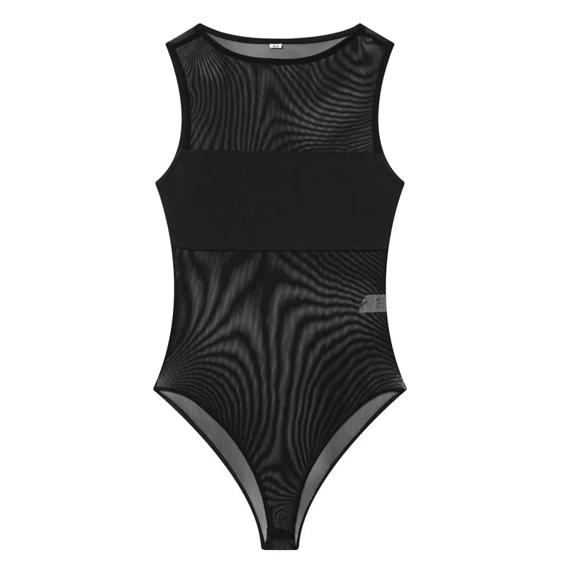 HXAO Woman Tulle Black Bodysuit Summer Sleeveless Sheer Body Y2K Sexy Hot Corset Mesh Bodysuit Lingerie Party Club Night Out