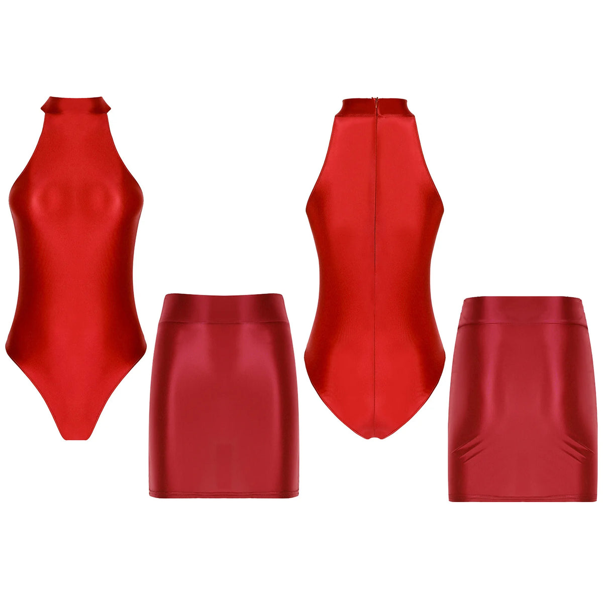 Women Glossy Outfits Swimwear Sleeveless Back Zipper Bodysuit Leotard with Elastic SkirtS for Club Dance Raves Party Nightwear