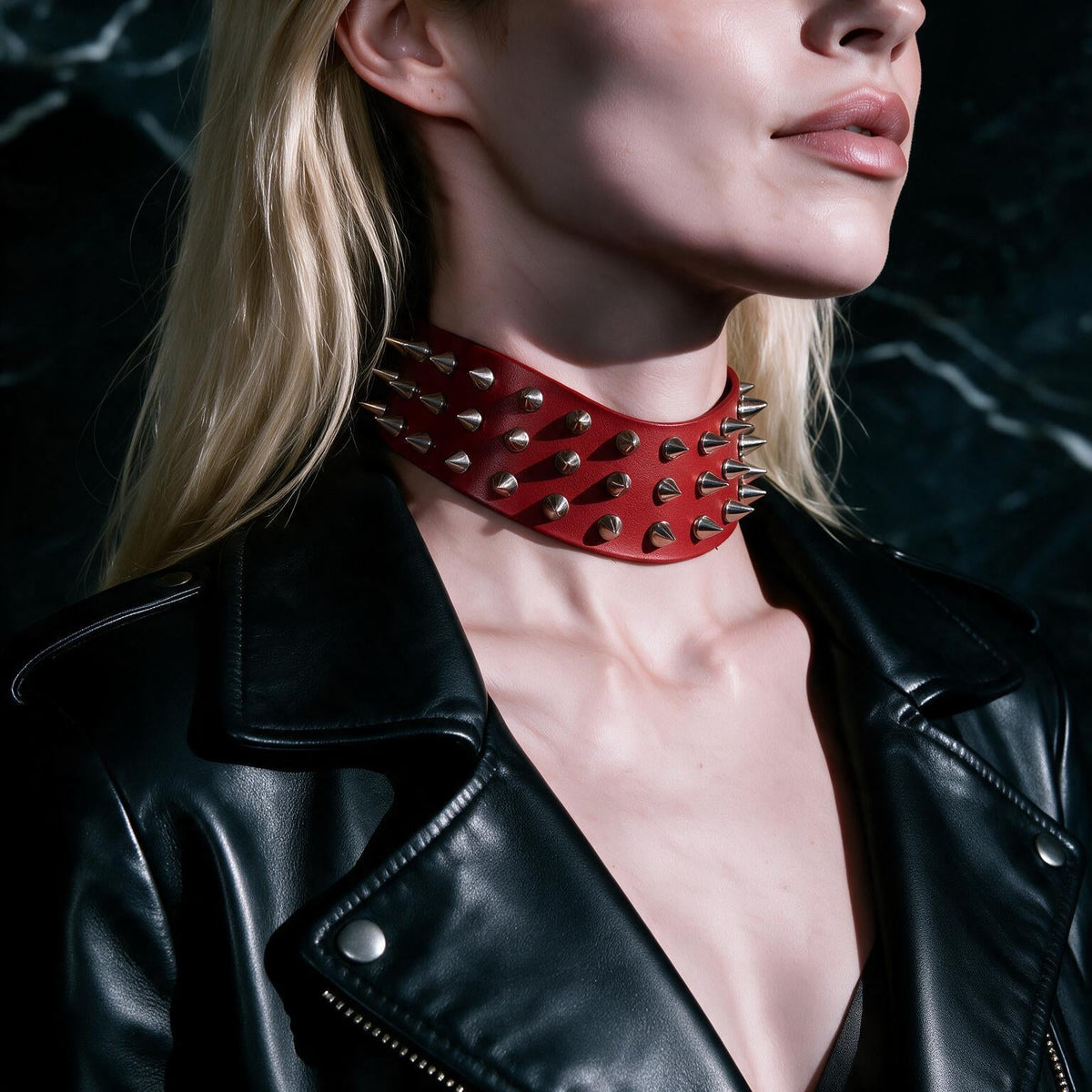 Spiked BDSM Collar', 38mm Leather Choker, Chrome Spikes, Adjuster