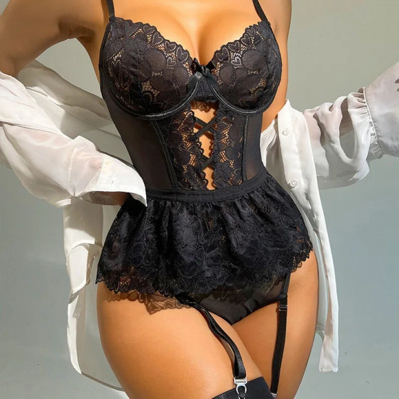 Sexy Erotic Lingerie Women Bra Garters Thongs Patchwork See Through Lingerie Set Ladies Sexy Underwear Set Porn Sexy Costumes