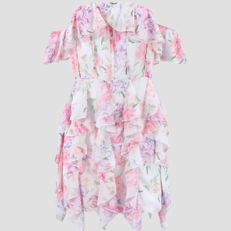 Chic Floral Printed Mini Dress Backless Sleeveless Hem Stacking Dresses Sweet A Line Vestidos 2025 New Lady Party Club Clothing