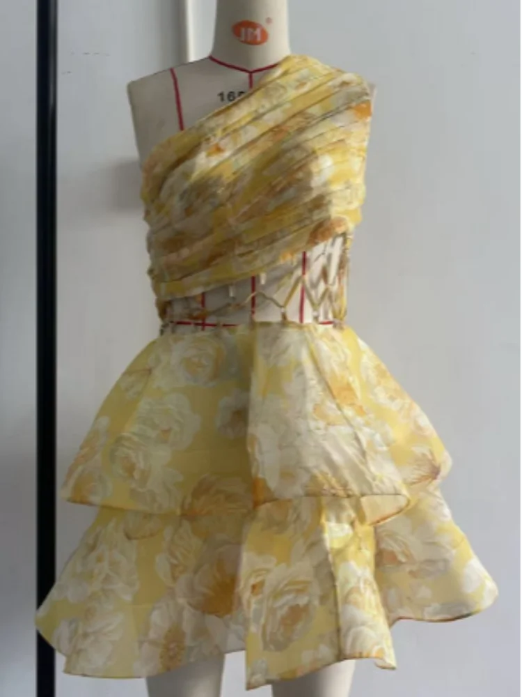 Chic Floral Printed Mini Dress Backless Sleeveless Hem Stacking Dresses Sweet A Line Vestidos 2025 New Lady Party Club Clothing