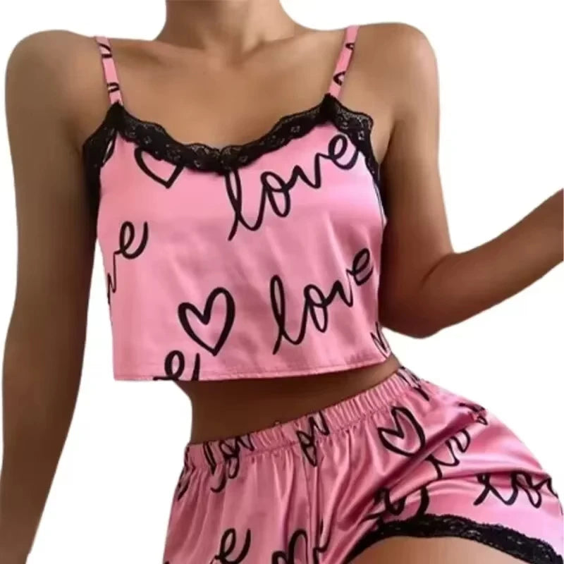 Women'S Pajama Shorts Suit Homewear Print Underwear Pijama Sexy Lingerie Camisoles Tanks Nighty Ladies Sleepwear
