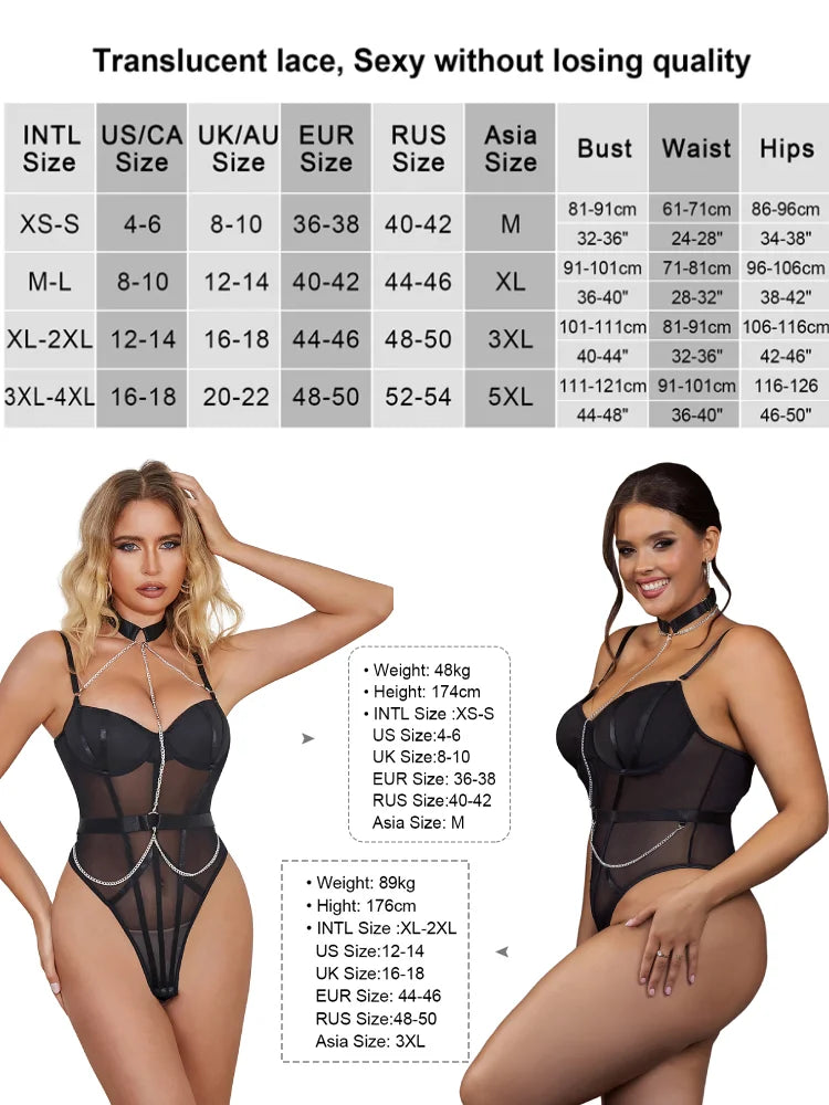 Comeondear Halter Sexy Leotard Teddy Oversized Chain Rompers Pajamas One Piece Bodysuits Mesh Black Jumpsuit Lady Plump Lingerie