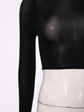 Women Sexy Sheer Mesh Glossy Crop Top T-shirt Long Sleeve Stretchy Tee Blouse Bikini Cover-ups Nightwear Clubwear Beachwear
