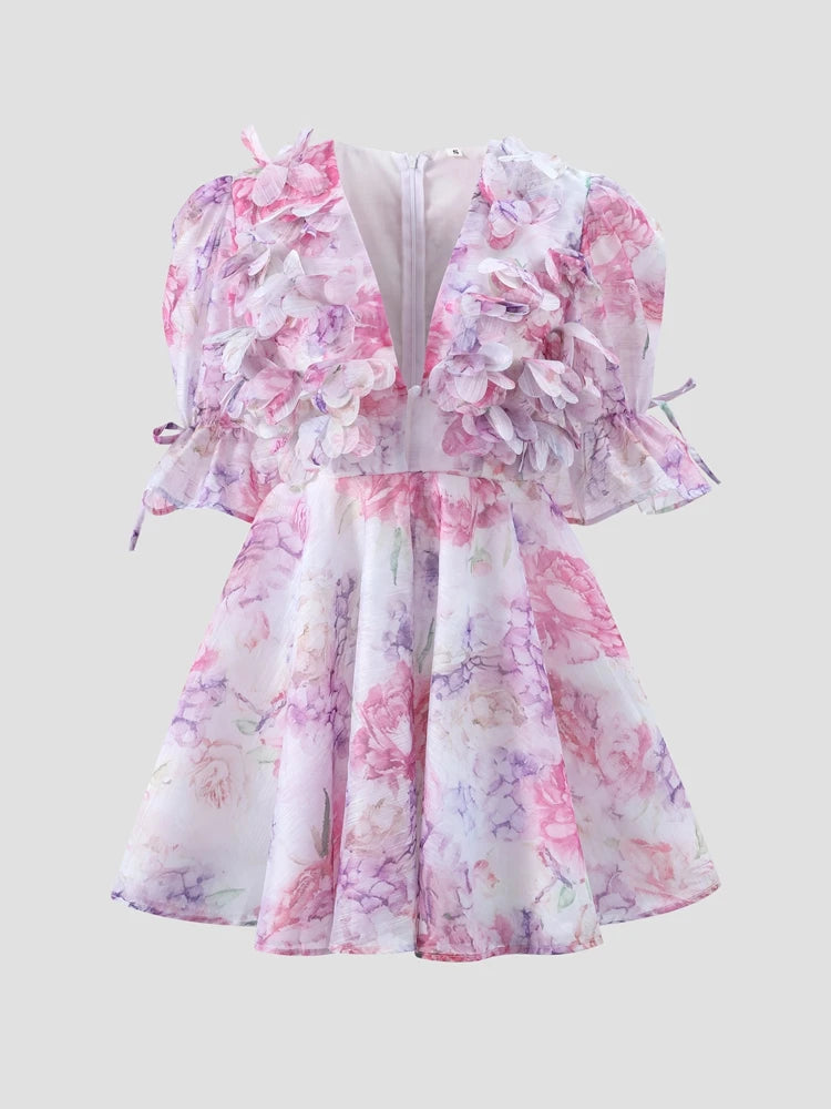 Chic Floral Printed Mini Dress Backless Sleeveless Hem Stacking Dresses Sweet A Line Vestidos 2025 New Lady Party Club Clothing